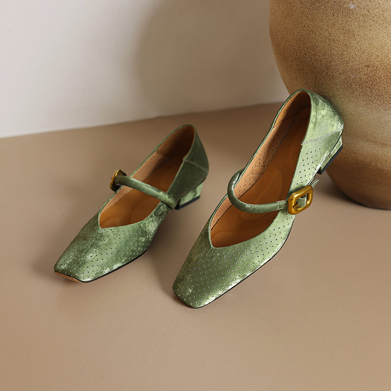 Vintage Leather Square Toe Block Heel Mary Jane Pumps