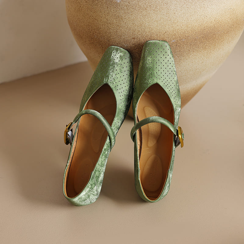 Vintage Leather Square Toe Block Heel Mary Jane Pumps