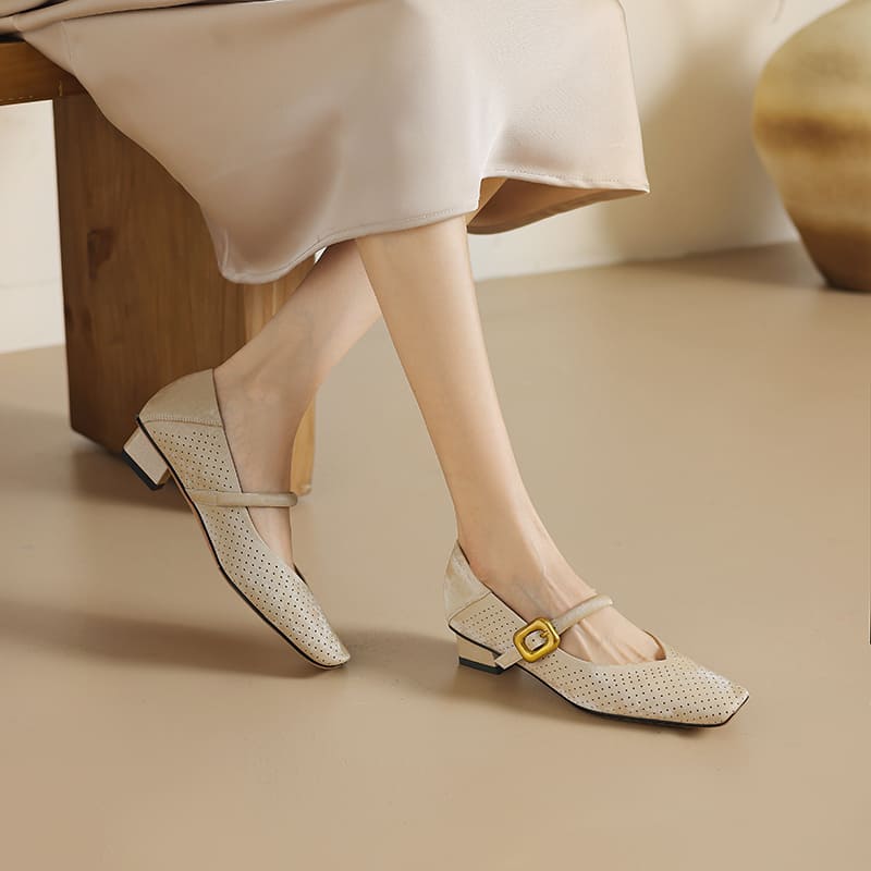 Vintage Leather Square Toe Block Heel Mary Jane Pumps