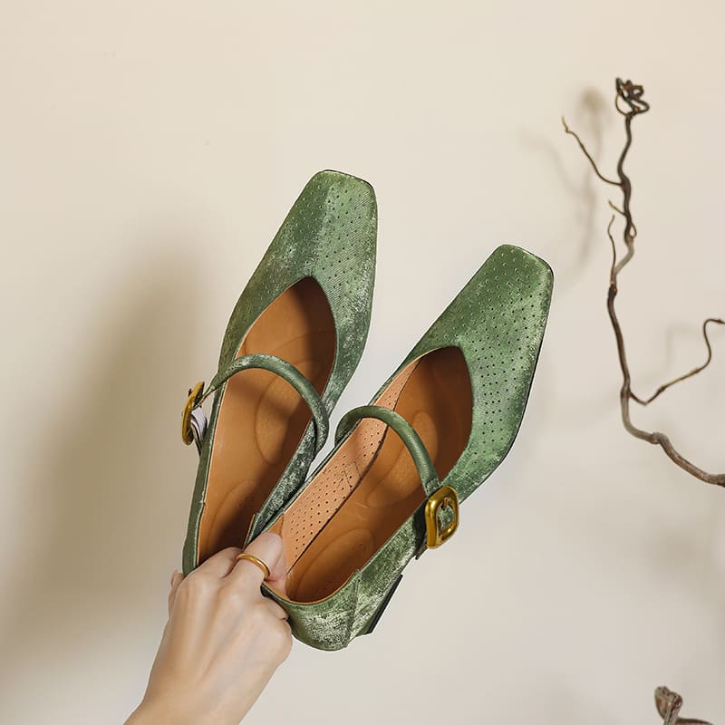 Vintage Leather Square Toe Block Heel Mary Jane Pumps