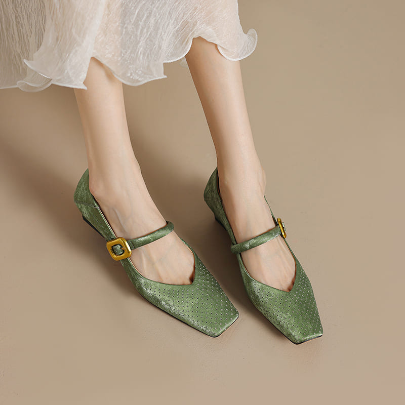 Vintage Leather Square Toe Block Heel Mary Jane Pumps