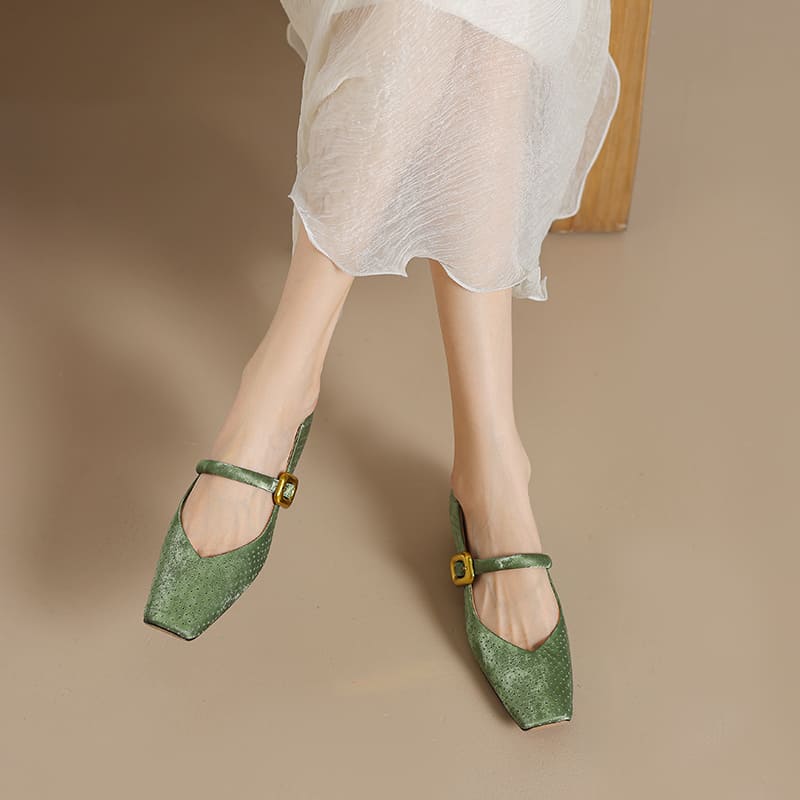 Vintage Leather Square Toe Block Heel Mary Jane Pumps