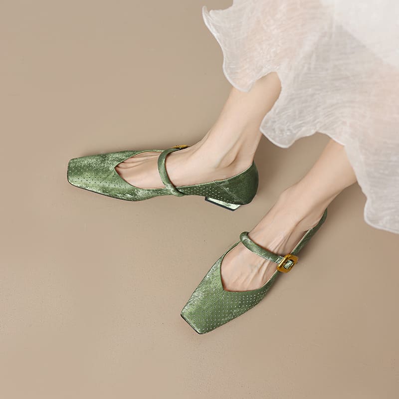 Vintage Leather Square Toe Block Heel Mary Jane Pumps