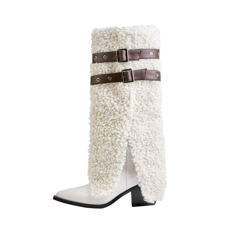 Weiße kniehohe Winterstiefel aus Plüsch mit spitzer Spitze und dickem Absatz, Gürtel