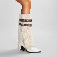 White Plush Belted Pointed Toe Chunky Heel Knee High Winter Boots