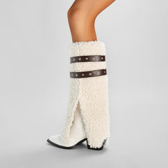 White Plush Belted Pointed Toe Chunky Heel Knee High Winter Boots