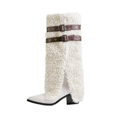 White Plush Belted Pointed Toe Chunky Heel Knee High Winter Boots