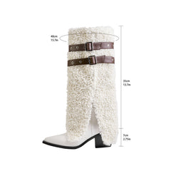 White Plush Belted Pointed Toe Chunky Heel Knee High Winter Boots