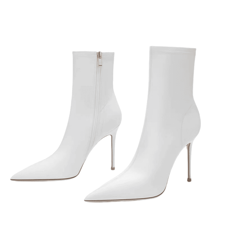 White Pointy Toe 4 Inch Stiletto High Heel Sock Ankle Boots for Spring