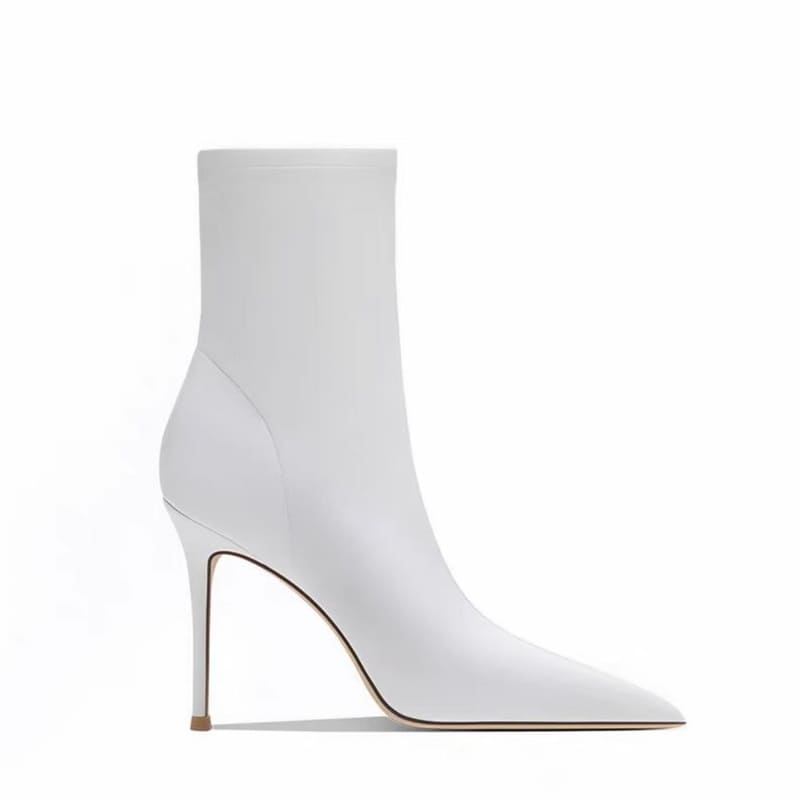White Pointy Toe 4 Inch Stiletto High Heel Sock Ankle Boots for Spring