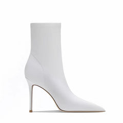 White Pointy Toe 4 Inch Stiletto High Heel Sock Ankle Boots for Spring