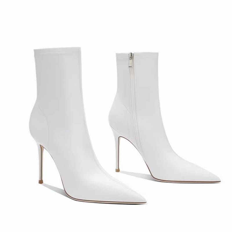 White Pointy Toe 4 Inch Stiletto High Heel Sock Ankle Boots for Spring