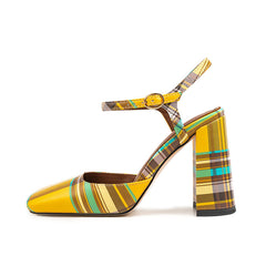 Yellow Plaid Square Toe Buckle Chunky Heel Sandals for Women