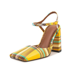 Yellow Plaid Square Toe Buckle Chunky Heel Sandals for Women