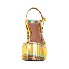 Yellow Plaid Square Toe Buckle Chunky Heel Sandals for Women