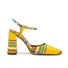 Yellow Plaid Square Toe Buckle Chunky Heel Sandals for Women