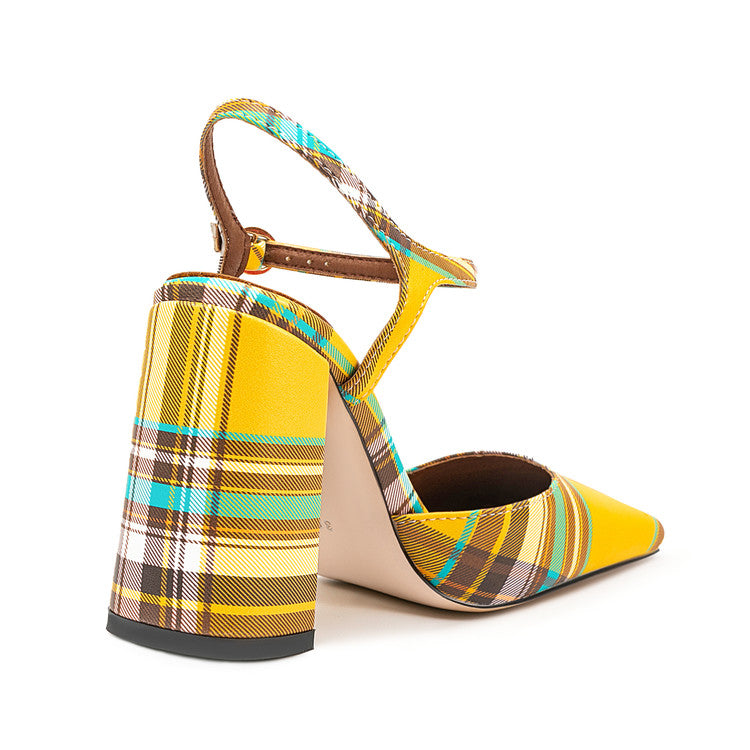 Yellow Plaid Square Toe Buckle Chunky Heel Sandals for Women